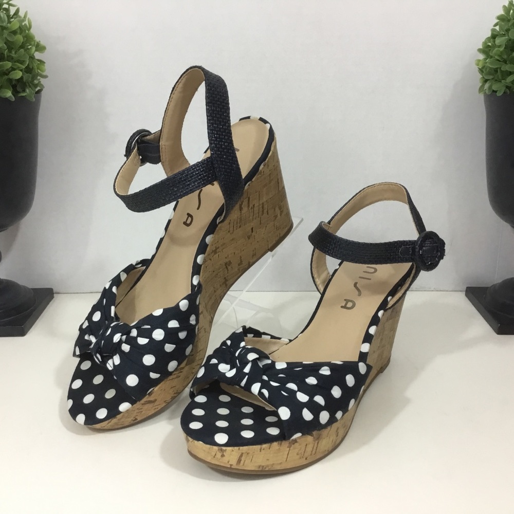 Unisa “Kila” Navy/White Polka Dot Wedges, 7 1/2M